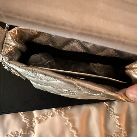 No Rest for Bridget Crushed Silver Padded Textured Clutch with Woven Chain Strap - Picture 5 of 8